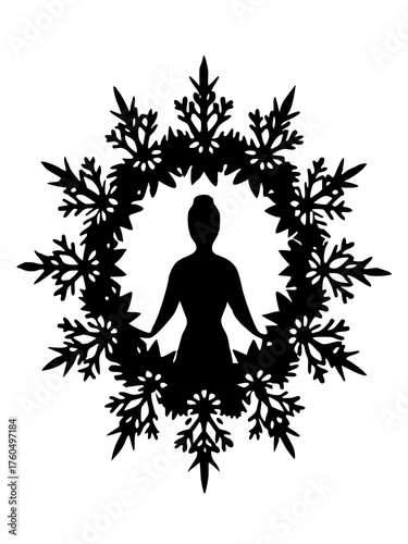 Meditating silhouette within snowflake wreath vector illustration scalable icon design