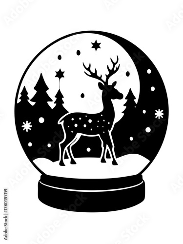 Silhouette snow globe with reindeer and winter forest scene vector illustration