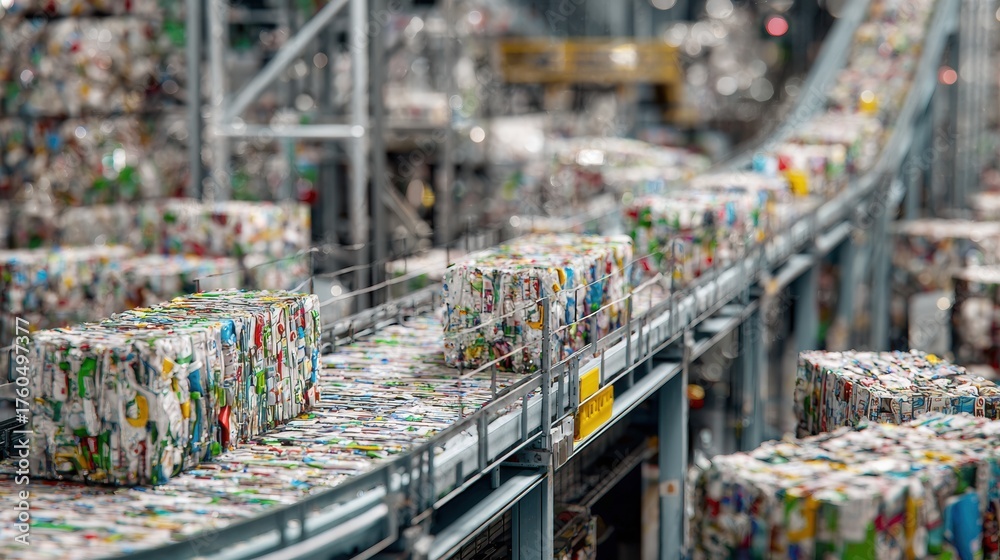 Fototapeta premium Stacks of compressed paper and cardboard move along conveyor belts in a recycling facility, highlighting the sorting and processing of waste materials.