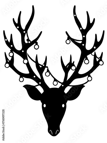 Silhouette of reindeer head with festive christmas lights on antlers vector illustration