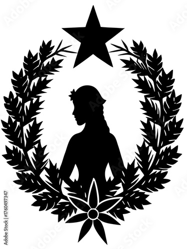 Silhouette woman in laurel wreath with star emblem classic decorative vector art