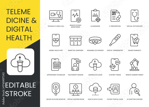 A set of vector icons representing telemedicine, digital health, and remote patient care technologies, created in line style with editable stroke