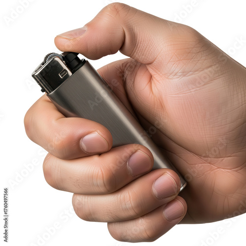 Hand holding and operating a metallic silver cigarette lighter isolated on white background