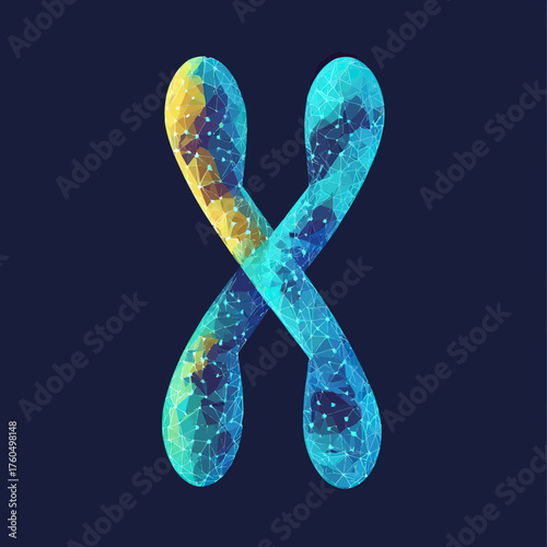 X chromosome low poly wireframe illustration with glowing nodes and polygonal mesh in blue and yellow gradient on dark background for genetics concept