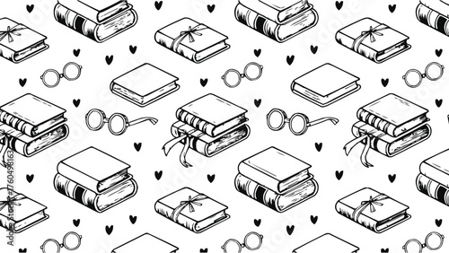 Seamless hand drawn books and glasses pattern with hearts in black and white for education and library print
