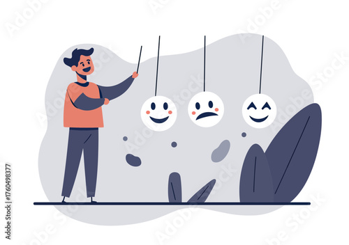 Man using smiley face pendulum to influence sad and happy emotions representing emotional balance and positive thinking concept in flat vector style