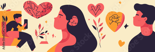 Vector illustration of three characters practicing mental health awareness with heart and brain symbols representing self care emotional healing and psychological wellbeing concepts