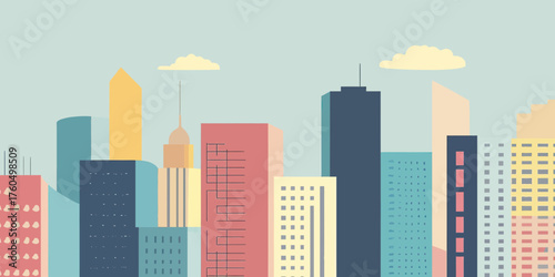 Minimalist flat vector city skyline with various colorful skyscrapers and modern buildings under cloudy sky urban architecture silhouette background illustration