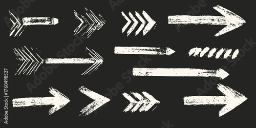 Grunge style white chalk arrows collection with textured sketch strokes on black background for direction and navigation design elements vector illustration