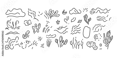 Set of 40 hand-drawn abstract black line art sketches of various organic shapes including waves, leaves, clouds, coral and natural elements in minimalist style vector illustration