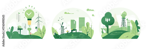 Sustainable energy concepts with wind turbine solar panels light bulb recycling green landscape electric power renewable resources nature environment protection flat design