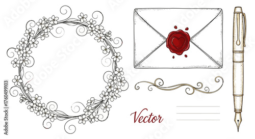 Elegant romantic vector elements with floral wreath, wax seal, and fountain pen for love letter stationery