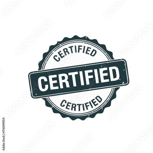 A distressed, vintage-style certified stamp badge prominently displayed, signifying official quality assurance, guarantee, and authentic approval.