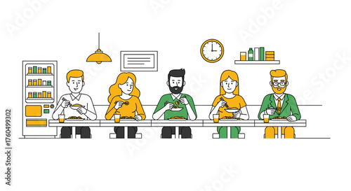 Lunch break with colleagues sharing a meal together at the canteen, fostering teamwork and camaraderie, perfect for corporate communications and healthy workplace campaigns