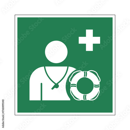 Lifeguard symbol. Vector illustration of green square sign with lifeguard with lifebuoy icon inside. Pool and beach safety.