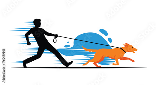 Dynamic illustration of a man running with his energetic dog, perfect for pet-related advertising and active lifestyle campaigns, full of speed and motion