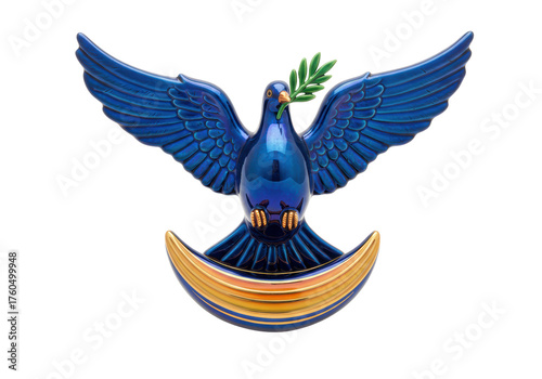 Isolated symbol of peace with dove and olive branch, emblem with bird, blue and gold