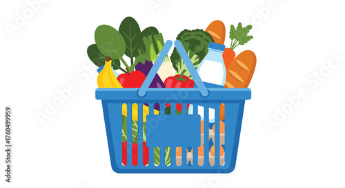 Fresh groceries in a blue shopping basket ready for healthy meals, from spinach and bananas to bread and milk for balanced nutrition and delicious recipes