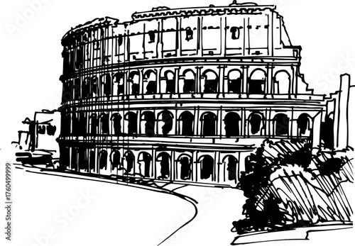 Vector Illustration of the Roman Colosseum – Historic Monument of Italy in Line Art