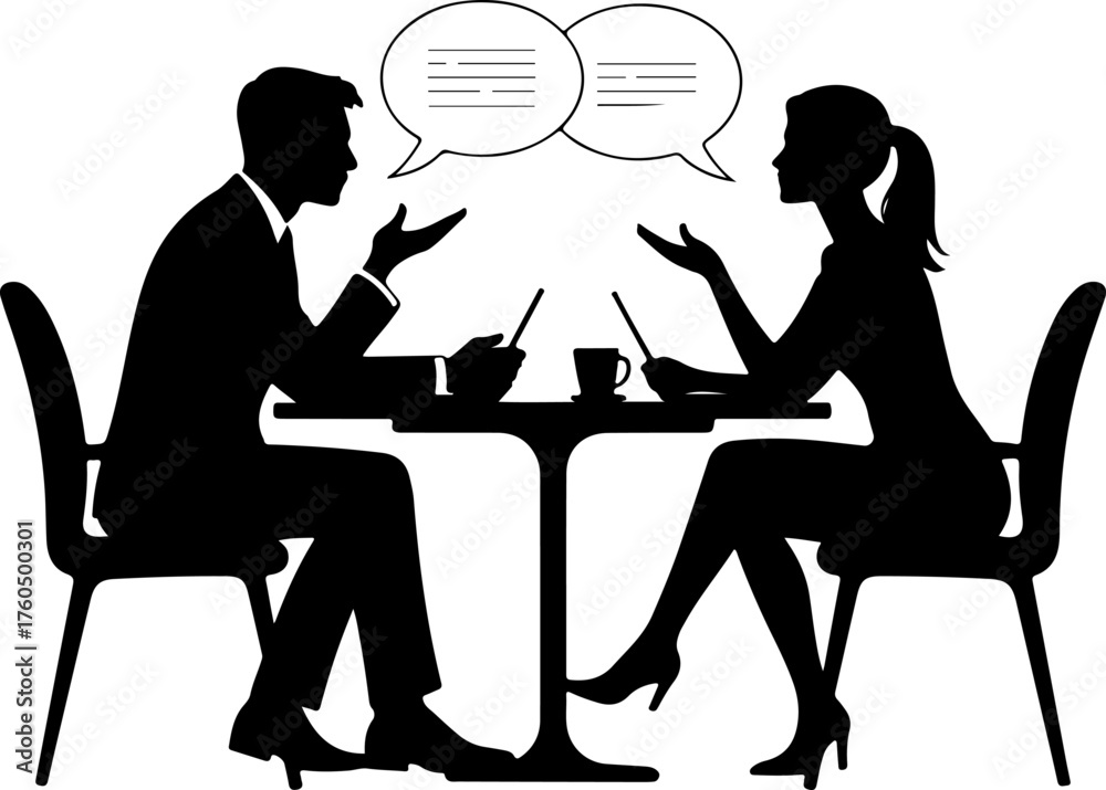 Fototapeta premium Man and a woman at a table negotiating silhouette vector illustration