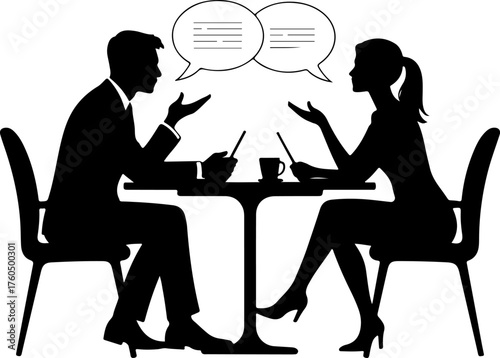 Man and a woman at a table negotiating silhouette vector illustration