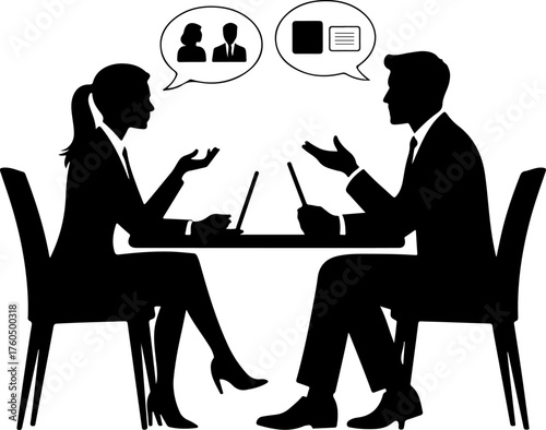 Man and a woman at a table negotiating silhouette vector illustration
