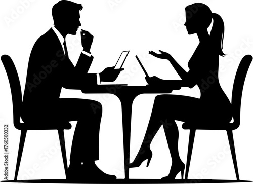 Man and a woman at a table negotiating silhouette vector illustration