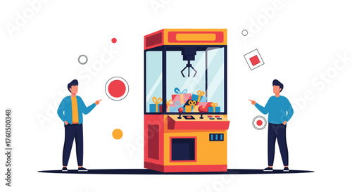 Excited players aiming to win prizes at vibrant arcade claw machine game, capturing the joy of retro entertainment and the thrill of winning presents