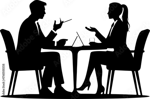 Man and a woman at a table negotiating silhouette vector illustration
