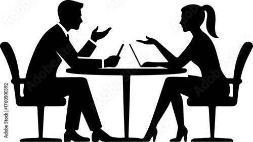 Man and a woman at a table negotiating silhouette vector illustration