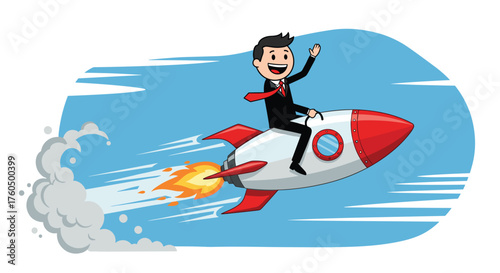 Cartoon businessman soaring to success on a rocket, celebrating achievement and embodying ambition, leadership, and the drive to propel business growth