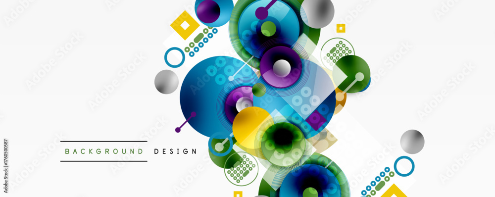 Obraz premium Abstract colorful design features circles, squares, dots. Modern background with vibrant shapes, gradients, dynamic composition.