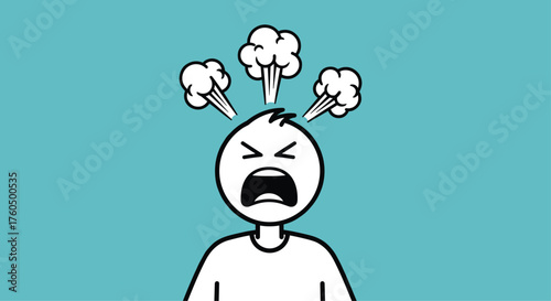 Visually striking character expressing anger and frustration with steam coming from head, perfect for illustrating stress, problems, and emotional challenges