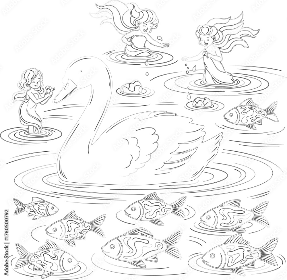 Obraz premium Vector art of swan surrounded by mermaids and fish in water, , a serene scene of fantasy and nature, perfect for fairytale illustrations silhouette