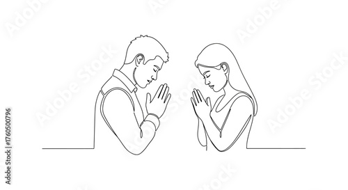 Continuous Line Drawing of Couple Praying Expressing Hope and Faith Together