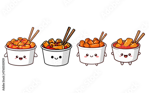 Cute Cartoon Tteokbokki Bowls with Chopsticks and Happy Faces