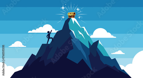 Achieve your goals overcoming challenges to reach the summit with treasure, success and victory concept, a journey to find wealth and happiness