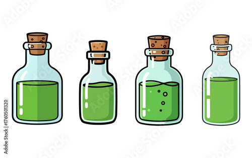 Four Glass Potion Bottles with Green Liquid and Cork Stoppers on White Background