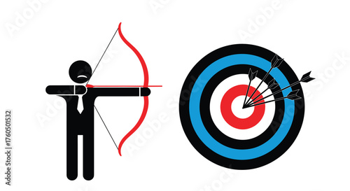Stickman archer hits the bullseye, representing business success and strategic aim with arrows in the target