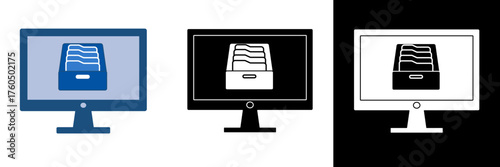 Vector icon featuring a computer monitor with a file tray symbol, representing online data organization and digital archiving. Perfect for cloud storage, office automation, and data management systems