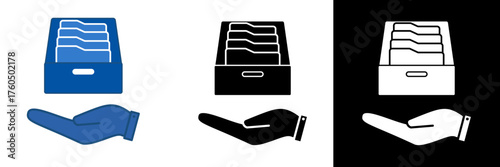Flat vector icon of a hand holding a file tray with folders, symbolizing document organization, file storage, and office data management. Good for business administration, archives, and corporate work