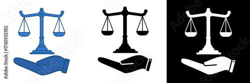 Vector illustration showing a hand holding a justice scale, representing fairness, law, and protection. Perfect for legal services, ethical business, and human rights concepts.