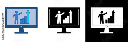 Flat vector icons showing a person with a bar chart on a computer monitor, representing digital marketing, business analytics, and online growth strategy. Good for web analytics design, etc.