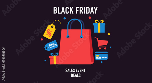 Black Friday sale banner illustration with shopping bag price tags and gifts Great deals concept