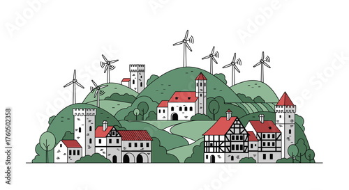 Charming European village nestled among rolling hills with wind turbines generating clean energy in a sustainable, eco-friendly landscape