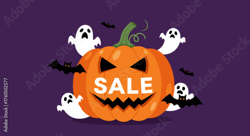 Halloween Sale banner Jackolantern ghosts and bats on purple background
