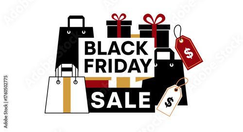 Black Friday Sale graphic illustration with shopping bags and price tags
