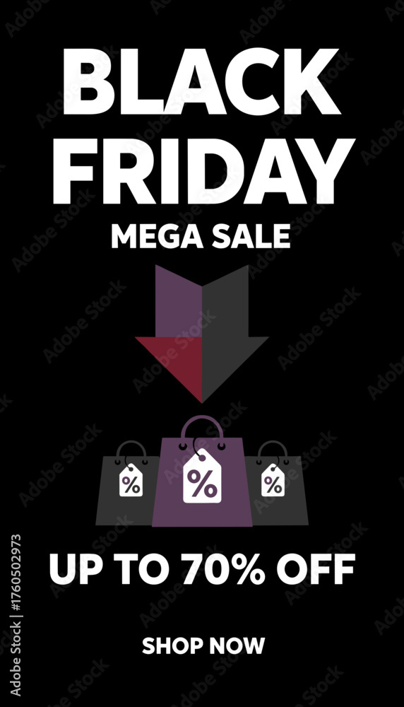 Naklejka premium Black Friday Mega Sale graphic with up to 70 off shopping bags and a downward arrow