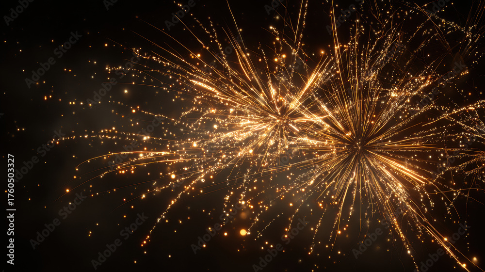 Fototapeta premium Golden Fireworks Exploding With Bright Starburst Light Rays And Sparkling Particles On Dark Background Celebration