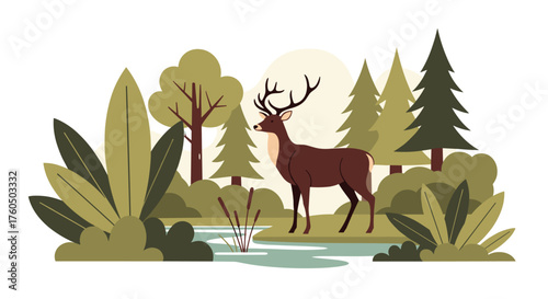 Stunning deer stands majestically in a peaceful forest clearing near a tranquil stream, perfect for conservation campaigns and nature-themed projects